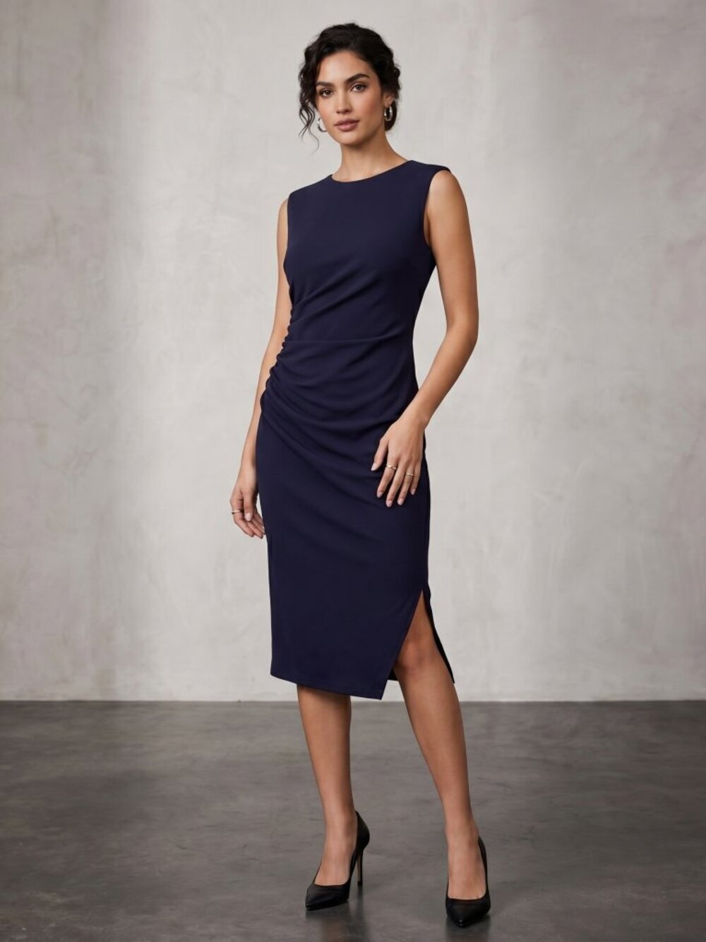 NWOT | Navy Blue Sleeveless Ruched Side Slit Bodycon Midi Dress | Small